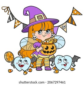 Tooth Fairy In A Witch Costume And Teeth In A Vampire Costume  Trick-or-treat Color Variation For Coloring Page On A White Background