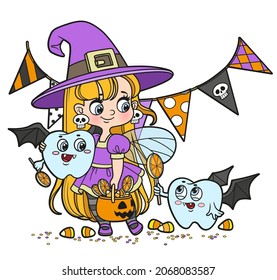 Tooth Fairy In A Witch Costume And Teeth In A Vampire Costume With Candies Trick-or-treat Color Variation For Coloring Page On White Background