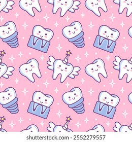 Tooth fairy, x-ray, implant. seamless pattern. Cute cartoon characters in kawaii style. Healthy organ, digestive system. Vector illustration. Health problems. For textile, wallpaper, background.