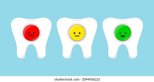 Tooth with feedback rate icon set. Emoticons positive, neutral and negative (red, yellow and green moods). Dental infograghic rating sign for customer opinion.  Flat teeth clip art vector illustration