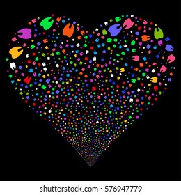 Tooth fireworks with heart shape. Vector illustration style is flat bright multicolored iconic symbols on a black background. Object salute combined from confetti pictograms.