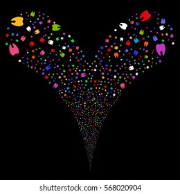 Tooth fireworks stream. Vector illustration style is flat bright multicolored iconic symbols on a black background. Object double fountain created from random pictograms.