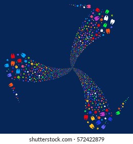 Tooth fireworks swirl rotation. Vector illustration style is flat bright multicolored iconic symbols on a blue background. Object whirl constructed from random icons.