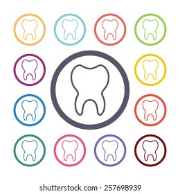 tooth flat icons set. Open colorful buttons 