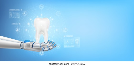 Tooth float away from in robot hand. Futuristic medical cybernetic robotics technology. Innovation artificial intelligence robot assist care health. With copy space for text. 3D Vector.