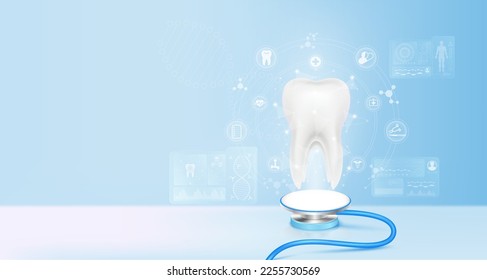 Tooth float away from stethoscope. Projecting image virtual hologram through screen computer. Doctor diagnose digital data record on electronic medical. Scientific technology innovation. 3d Vector.