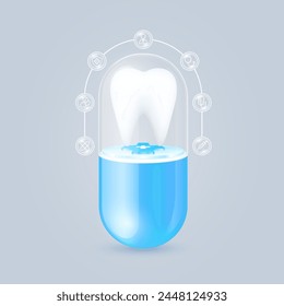 Tooth floating on cross symbols medical in transparent blue capsule pill. Doctor, syringe, shield, and stethoscope icons are the periphery. Medical organ protection and health care. Vector.