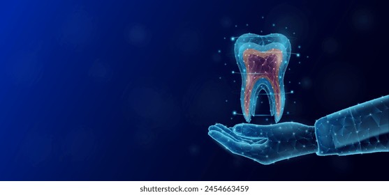 Tooth floats in the nurse doctor hand. Human organ low poly polygon style. On dark blue background with empty copy space for text. Medical health care concept. Vector illustration.