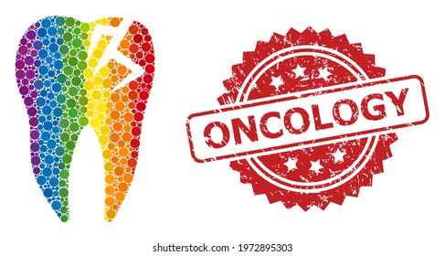 Tooth fracture collage icon of spheric spots in different sizes and spectrum color tones, and Oncology textured rosette stamp seal. A dotted LGBT-colored Tooth fracture for lesbians, gays,