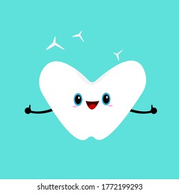 tooth funny cartoon character holds thumbs up like approval gesture and laughs on a blue background it is clean and shiny hygiene and dentistry concept