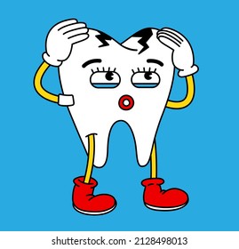 caricatura divertida de dientes. Molesto diente angustiado con caries. Ilustraciones de vectores para negocios dentales 