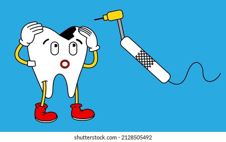 Tooth funny cartoon character. Upset sick tooth with caries and dental drill. Vector illustrations for dental business.