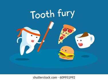 Tooth fury. Tooth fight with a pizza, coffee and hamburger. Healthy teeth