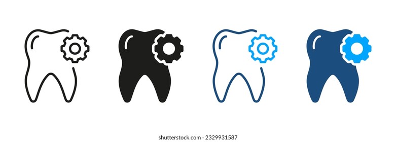 Tooth with Gear, Medical Extraction Pictogram. Dental Repair Silhouette and Line Icon Set. Orthodontic Oral Medicine. Dental Treatment, Dentistry Symbol Collection. Isolated Vector Illustration.