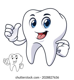 Tooth Giving Thumb Up with Line Art Drawing, Health and Dental Medicine, Vector Character Illustration, Cartoon Mascot Logo in Isolated White Background.