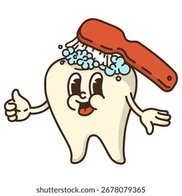 Tooth giving thumbs up to brushing! Retro mascot celebrating perfect oral care