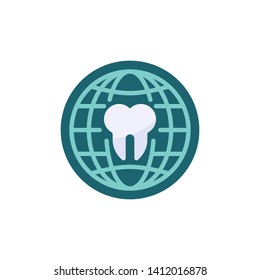 Tooth and globe flat icon. Round colorful button, World oral health day circular vector sign. Flat style design