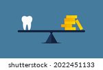 Tooth and gold coins on a seasaw (teeter totter) on balance. Weighted scales. Dental care, health, health system, dental price concepts. Blue background.