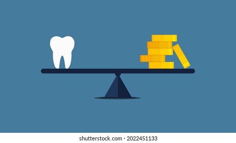 Tooth and gold coins on a seasaw (teeter totter) on balance. Weighted scales. Dental care, health, health system, dental price concepts. Blue background.