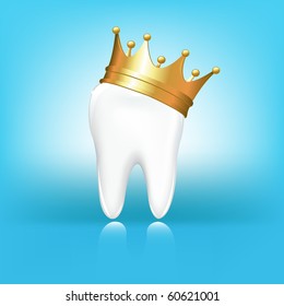 Tooth In Golden Crown, On Blue Background, Vector Illustration