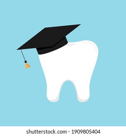 Tooth in graduation hat dental school icon isolated. Vector illustration of education logo with academy molar student. Flat design cartoon tooth concept of dentistry medicine education.