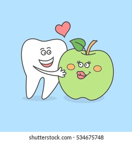 Tooth with a green apple. Good habits for your teeth. Dental care concept or icon. Cartoon funny vector illustration. Dentistry poster.