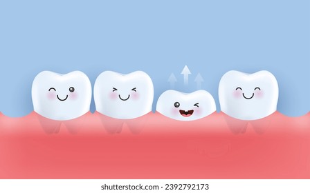 
Tooth growing up from gum and other teeth are smiling. teeth for children. dental and dentistry concept for kids hospital. healthy teeth character. cute clean cartoon icon. vector design.