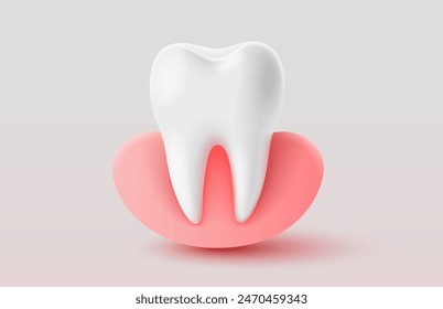 Tooth with gum, 3D illustration of a tooth on a light background. Vector illustration