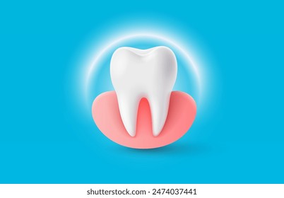 Tooth with gum, 3D illustration of a tooth on a light background. Vector illustration