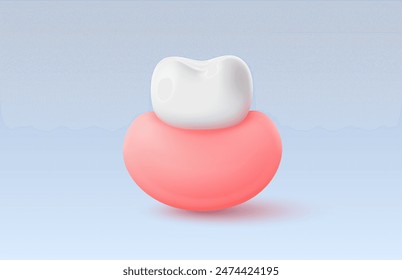 Tooth with gum, 3D illustration of a tooth on a light background. Vector illustration