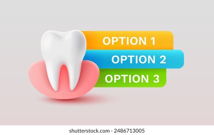 Tooth with gum, 3D illustration of a tooth on a light background. Vector illustration