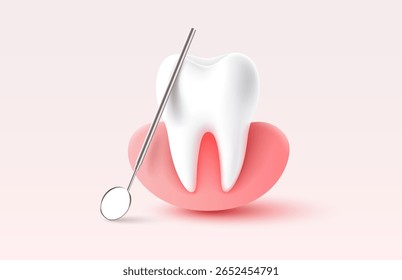 Dente com gengiva, ilustração 3D de um dente sobre um fundo claro. Ilustração vetorial