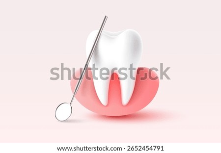 Tooth with gum, 3D illustration of a tooth on a light background. Vector illustration