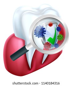 A tooth and gum being protected from bacteria by a shield viewed through a magnifying glass
