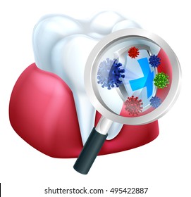 Tooth and gum being protected from bacteria by a shield magnified by a magnifying glass concept