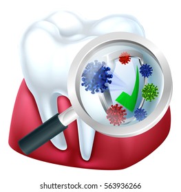 Tooth and gum being protected from bacteria by a shield viewed through a magnifying glass medical dental illustration of a 