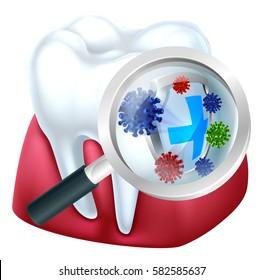 Tooth and gum being protected from bacteria by a shield viewed through a magnifying glass