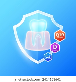 Goma dental en vidrio azul protector con minerales vitamina D coenzima de calcio Q10. Los nutrientes esenciales para los dientes sanos previenen el deterioro y la gingivitis. Tratamiento oral. Conceptos de dentista sanitario. Vector.