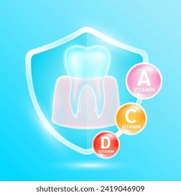 Dientes y encías en vidrio blando azul con vitamina A, C, D minerales de calcio. Los nutrientes esenciales para los dientes sanos previenen el deterioro y la gingivitis. Tratamiento oral. Conceptos de dentista sanitario. Vector.