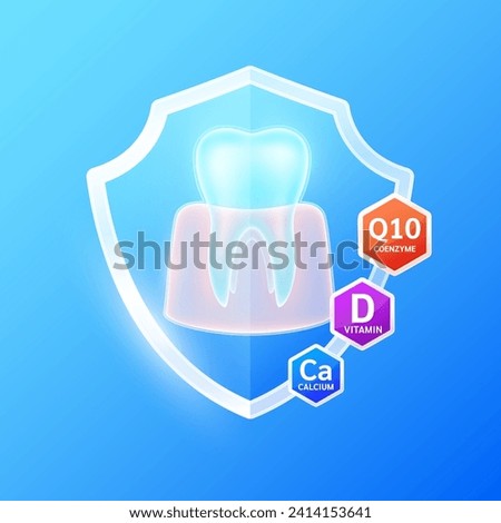 Tooth gum in blue shield glass with vitamin D minerals calcium coenzyme Q10. Essential nutrients for teeth healthy prevents decay and gingivitis. Oral treatment. Health care dentist concepts. Vector.