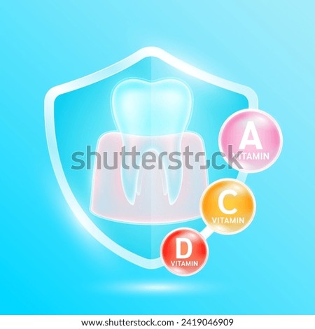 Tooth and gum in blue shield glass with vitamin A, C, D minerals calcium. Essential nutrients for teeth healthy prevents decay and gingivitis. Oral treatment. Health care dentist concepts. Vector.