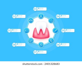 Tooth gum health care infographic with presentation timeline steps medical research. And stethoscope, syringe, saline, drug, ambulance car, doctor. Style icons on blue background. Vector illustration.