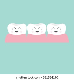 Tooth gum icon. Three cute funny cartoon smiling character set. Oral dental hygiene.  Children teeth care. Tooth health. Baby background. Flat design. Vector illustration