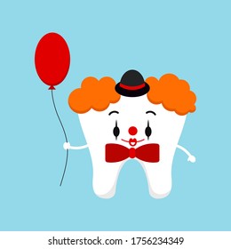 Tooth in Halloween carnival clown costume vector icon. Cute clown tooth with balloon and bow tie - dental character for dentist halloween party card. Flat design cartoon style illustration.  