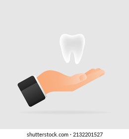 Tooth in hand in cartoon style on light background. Vector illustration 3d. White background