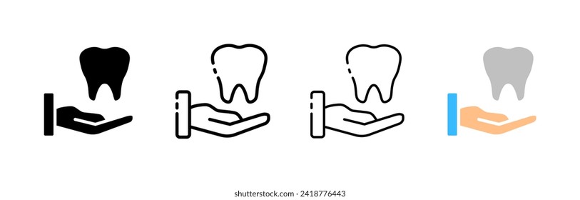 Tooth in hand icon set. Silhouette, linear, and flat style. Vector icons.