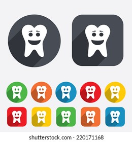 Tooth happy face sign icon. Dental care symbol. Healthy teeth. Circles and rounded squares 12 buttons. Vector