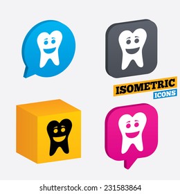 Tooth happy face sign icon. Dental care symbol. Healthy teeth. Isometric speech bubbles and cube. Rotated icons with edges. Vector