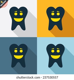 Tooth happy face sign icon. Dental care symbol. Healthy teeth. Four squares. Colored Flat design buttons. Vector
