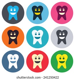 Tooth happy face sign icon. Dental care symbol. Healthy teeth. Colored round buttons. Flat design circle icons set. Vector